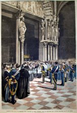 Visita de S.M. el Rey, Alfonso XII , a Santiago., llegada a la Basilica